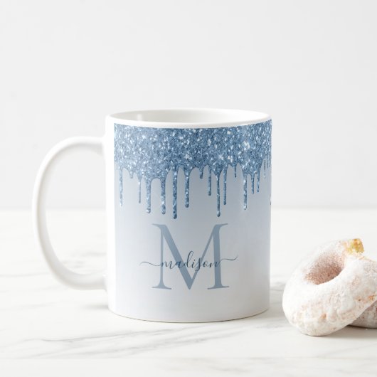 Dusty Blue Glitter Drift Sparkle Monogram Script Koffiemok (Met donut)