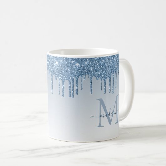 Dusty Blue Glitter Drift Sparkle Monogram Script Koffiemok (Voorkant rechts)