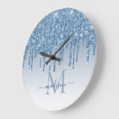 Dusty Blue Glitter Sparkle Glam Driving Monogram Grote Klok (Hoek)