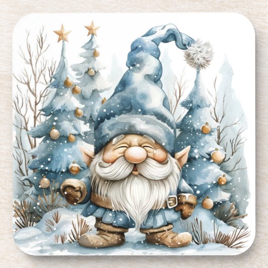 Dusty Blue Gnome en kerstbomen Bier Onderzetter (Voorkant)