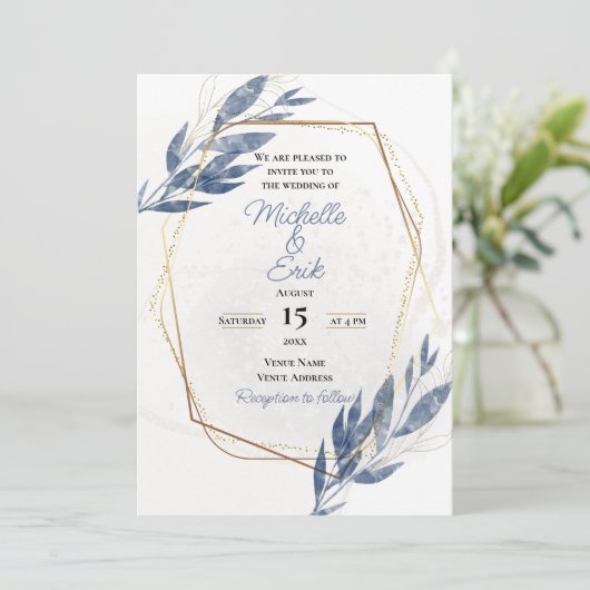 Dusty Blue Gold Elegant Modern Luxury Wedding Inv Kaart (Staand voorkant)