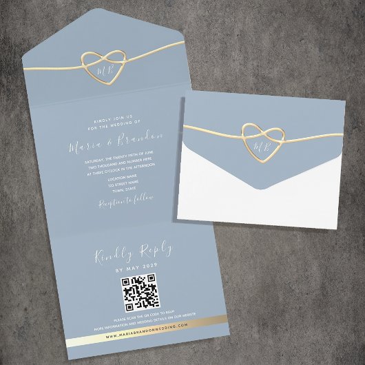 Dusty Blue Gold Faire-part de mariage avec code QR
