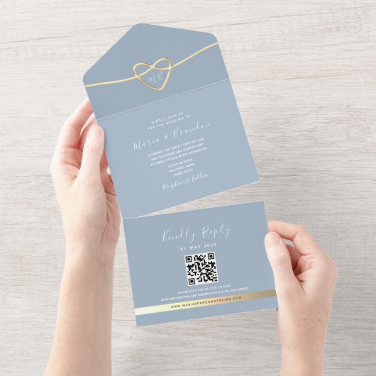 Dusty Blue Gold Faire-part de mariage avec code QR (Déchirure)