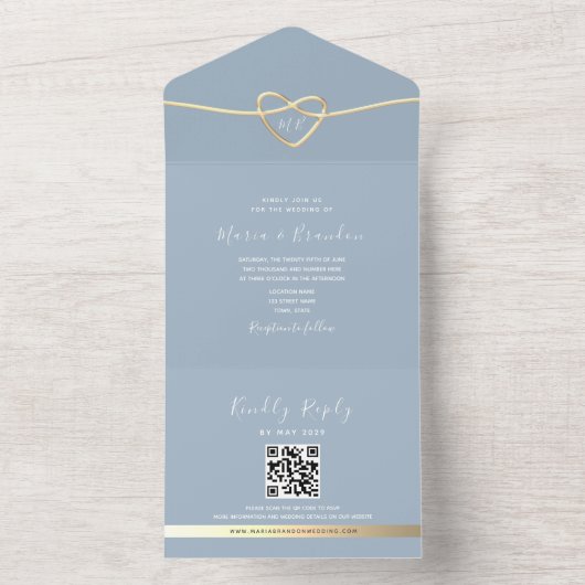 Dusty Blue Gold Faire-part de mariage avec code QR (À l'intérieur)