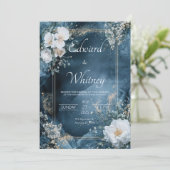 Dusty Blue & Gold Floral Faire-part de mariage (Debout devant)