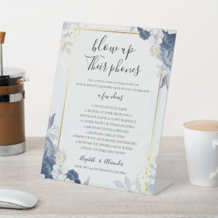 Dusty Blue Gold Floral Wedding blaast zijn telefoo Reclamebord Met Voetstuk