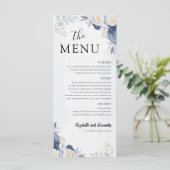 Dusty Blue Gold Floral Wedding Menu en bedankt (Staand voorkant)