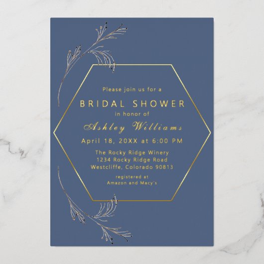 Dusty Blue Gold Foil Bridal Shower Invitation (Recto)