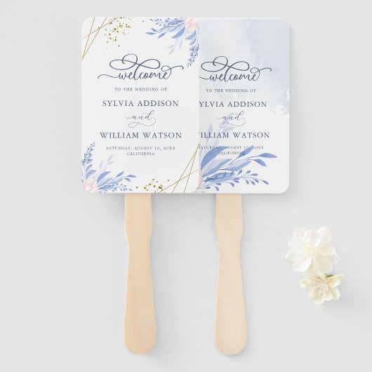 Dusty Blue Gold Geometric Pink Floral Wedding Handwaaier (Voorkant en achterkant)