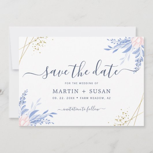 Dusty Blue Gold Geometric Pink Floral Wedding Save The Date (Voorkant)