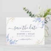 Dusty Blue Gold Geometric Pink Floral Wedding Save The Date (Staand voorkant)