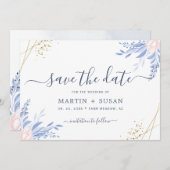 Dusty Blue Gold Geometric Pink Floral Wedding Save The Date (Voorkant / Achterkant)