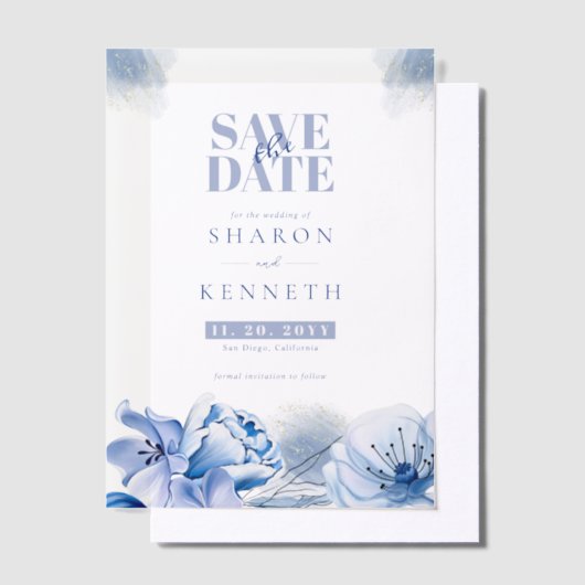 Dusty Blue & Gold Glitter Bruiloft Save The Date Vellum Uitnodigingen (Offset)