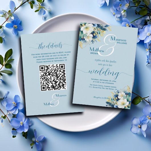 Dusty Blue Gold Glitter Floral QR Code Wedding Kaart