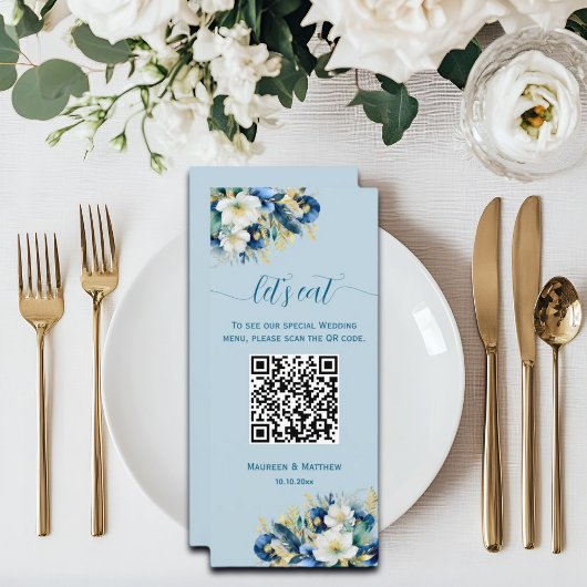 Dusty Blue Gold Glitter Floral QR Code Wedding Menu
