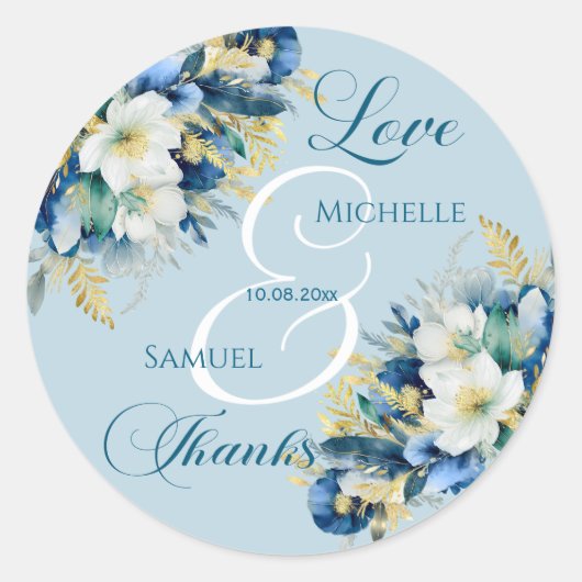 Dusty Blue Gold Glitter Floral Wedding Ronde Sticker (Voorkant)