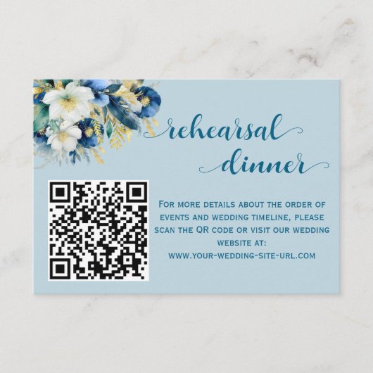 Dusty Blue Gold Glitter QR Code Repetitie Diner Informatiekaartje (Voorkant)