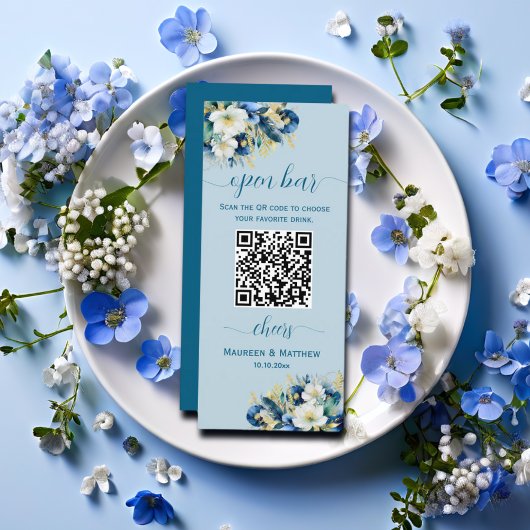 Dusty Blue Gold Glitter QR Code Wedding Open Bar Menu