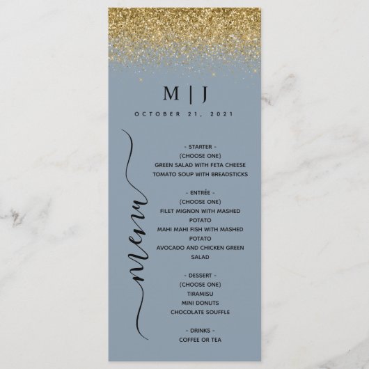 Dusty Blue & Gold Glitter Wedding Menu (Voorkant)