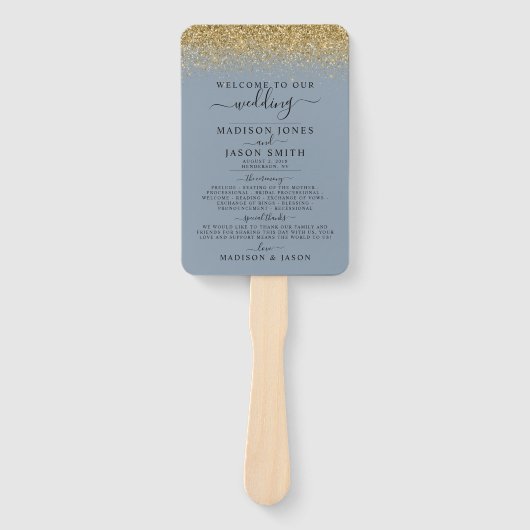 Dusty Blue & Gold Glitter Wedding Program Handwaaier (Voorkant)