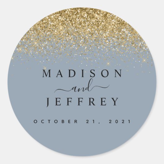 Dusty Blue & Gold Glitter Wedding Ronde Sticker (Voorkant)