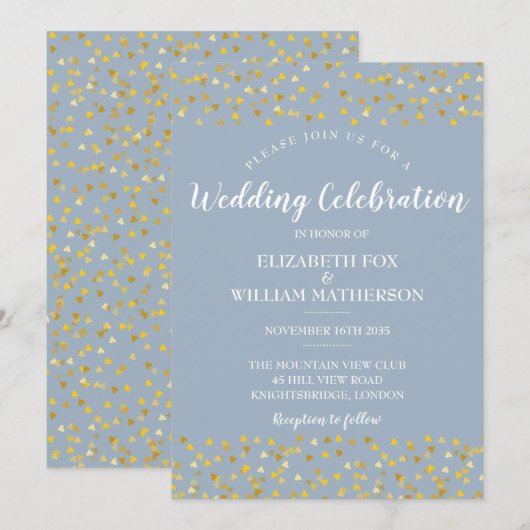 Dusty Blue Gold Hearts Confetti Faire-part de mari (Devant / Derrière)