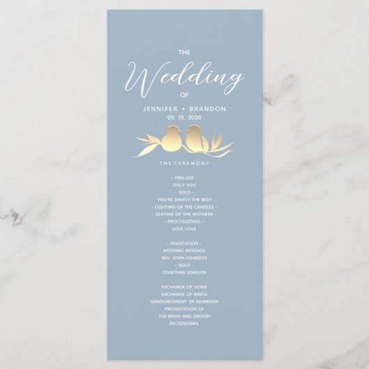 Dusty Blue Gold Lovebirds Wedding Programma (Voorkant)