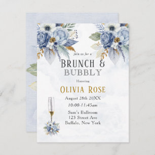Dusty Blue Gold Peony Chic Brunch & Bubble Invitat Kaart