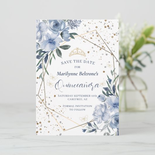 Dusty Blue Gold Quinceañera Save The Date (Staand voorkant)