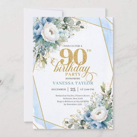 Dusty blue gold script frame modern 90th birthday kaart (Voorkant)