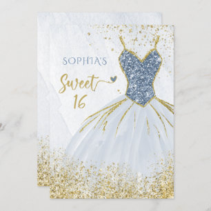 Dusty Blue Gold Sparkle Dress Sweet 16 jaar Kaart