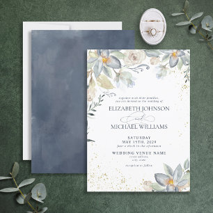Dusty Blue Gold Waterverf Floral Script Weduwen Kaart