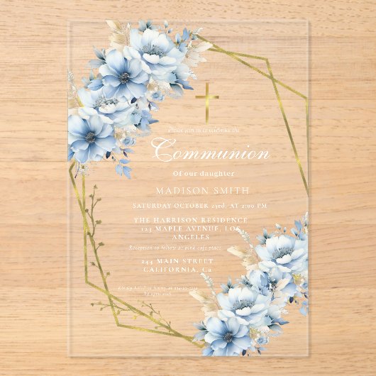 Dusty Blue Gold Wildflower Eerste Heilige Communie Acryl Uitnodigingen (Voorkant)