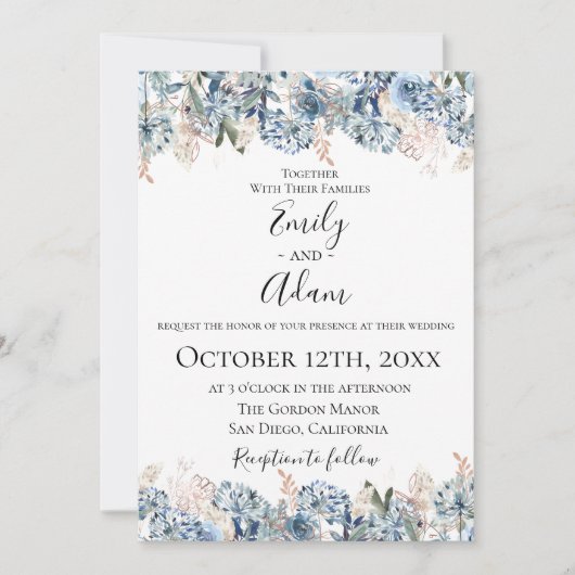 Dusty Blue Golden Botanical bruiloft uitnodiging (Voorkant)