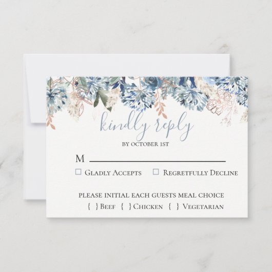 Dusty Blue Golden Botanical Wedding Carte RSVP (Devant)