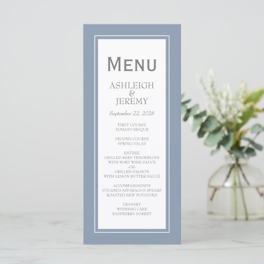 Dusty Blue Gray Modern Minimalist Wedding Menu (Staand voorkant)