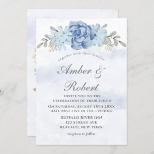 Dusty Blue Gray Painted Peony Wedding Invitting