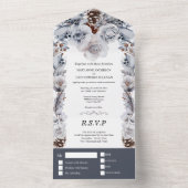 Dusty blue gray winterse roos dennenappelbruiloft  all in one uitnodiging (Binnen)
