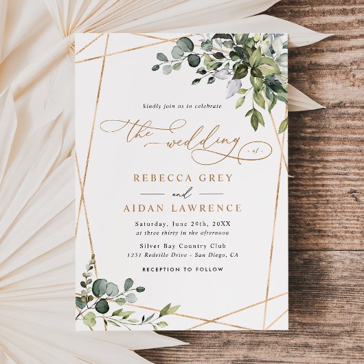 Dusty Blue Green Gold Eucalyptus Greenery Wedding Kaart