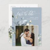 Dusty Blue Green Leaves QR Code Bewaar de datum Aankondigingskaart (Voorkant / Achterkant)