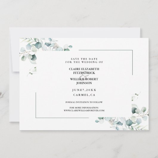 Dusty Blue Green Leaves Wedding Save the Date (Achterkant)