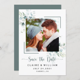 Dusty Blue Green Leaves Wedding Save the Date