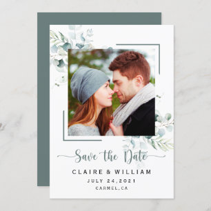 Dusty Blue Green Leaves Wedding Save the Date