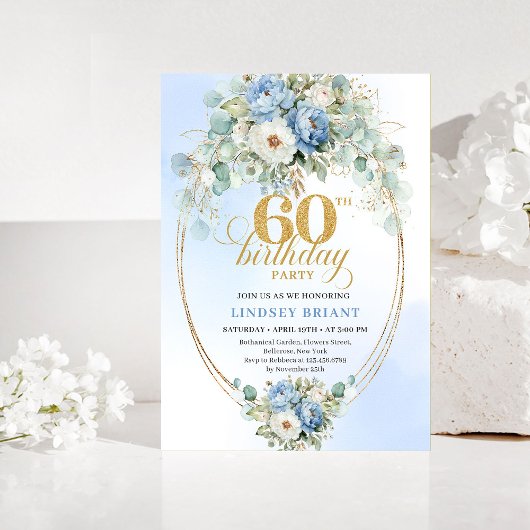 Dusty Blue Greenery 60th Birthday Invitation Kaart