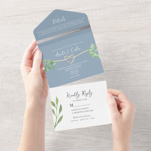 Dusty Blue Greenery All-in-One Huwelijksuitnodigin All In One Uitnodiging (Afscheurbaar)