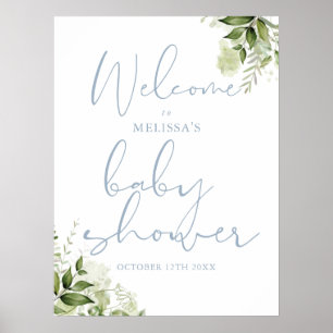 Dusty Blue Greenery Baby shower Affiche de bienven
