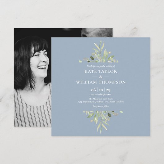 Dusty Blue Greenery Botanical Photo Wedding Kaart (Voorkant / Achterkant)