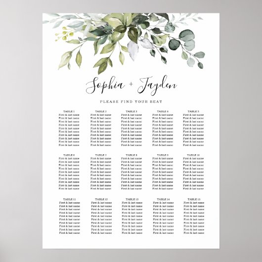 Dusty Blue Greenery Elegant Wedding Seding Chart Poster (Voorkant)