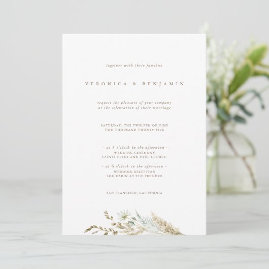 Dusty Blue Greenery en Dried Pampas Grass Wedding Kaart (Staand voorkant)