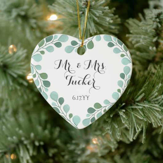 Dusty Blue Greenery Eucalyptus Mr. & Mrs Foto Keramisch Ornament (Boom)